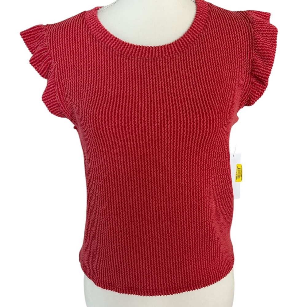 Mm Mm MmRuffle Sleeve Knit Top in Coral Red